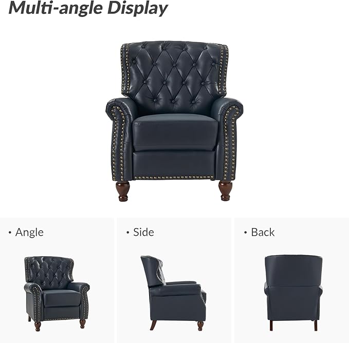 HULALA HOME Genuine Leather Recliner Chair with Solid Wood Feet, Modern Adjustable Tufted Push Back Arm Chair w/Rivet Decoration, Home Theater Seating Single Reclining Sofa for Living Room, Navy