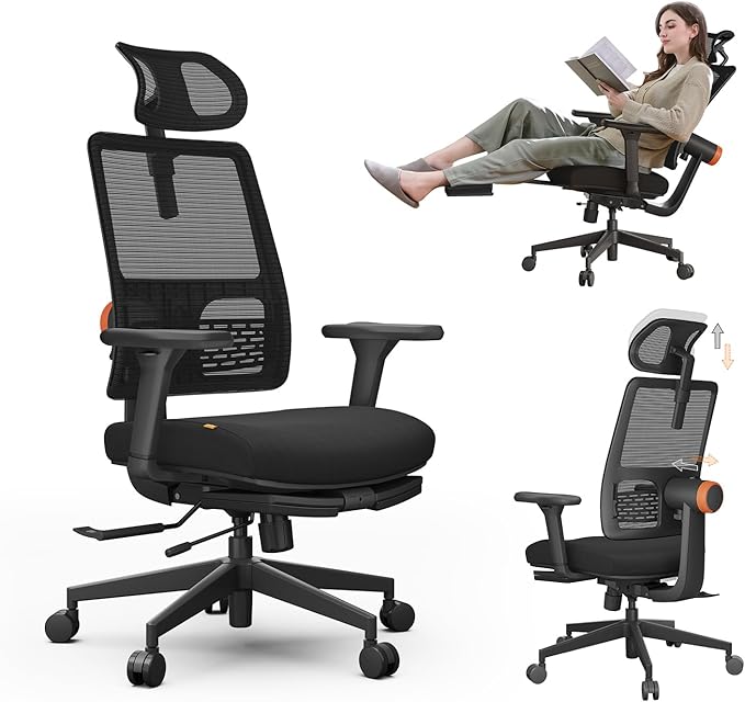 Newtral Office Chair Ergonomic with Footrest, Auto-Following Lumbar Support, High Back Desk Chair with 4D Armrest,136° Tilt Lock, Adjustable Seat Depth & Height (2D Headrest, Black)