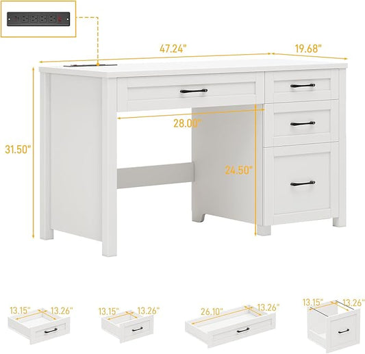 Vabches Farmhouse 47" Executive Desk, Computer Desk with File Drawer and Charging Station, Workstation for Home Office, Study,Cream White.