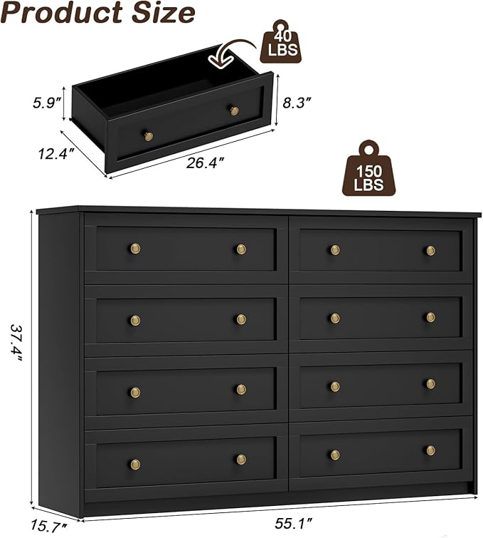 8 Drawer Double Dresser for Bedroom, 55.1" Wide Black Dressers & Chests of Drawers with Large Capacity Storage,White Dresser for Bedroom, Hallway