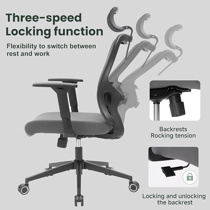 Ergonomic Office Chair - 350LB Mesh Office Chair with Adjustable Lumbar, High Back Computer Desk Chair with 3D Armrest, Comfy Chair with 2D Headrest & Tilt Function for Study, Work, Gaming