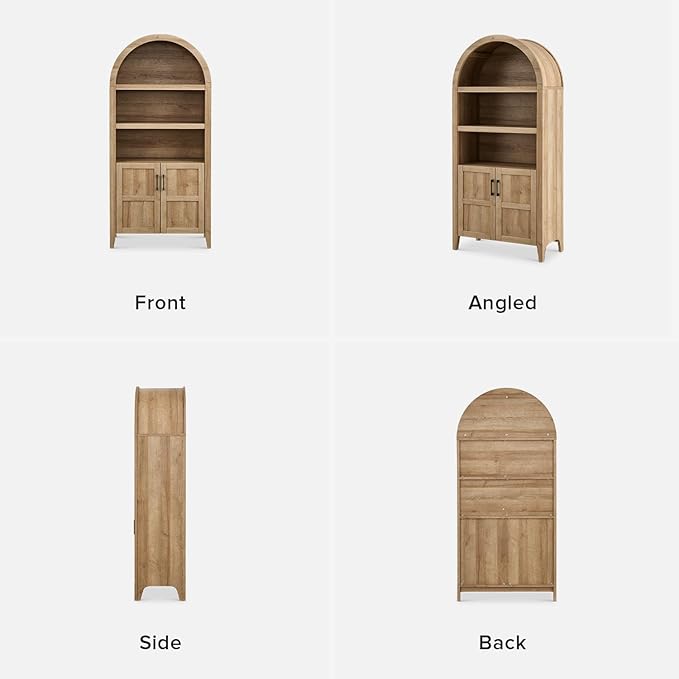 mopio Lauren 77.4" Tall Arched Cabinet, 5-Tier Arched Bookcase with Doors and Adjustable Shelves, Arch Bookshelf with Storage, Wooden Storage Cabinet for Living Room and Kitchen Pantry (Set of 2, Oak)