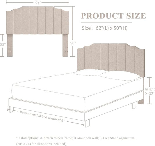 Queen Size Headboard Only, Linen Wall Mounted Headboard Queen/Full Size for Adjustable Bed, Modern Vertical Channel Design with Curved Tufted Upholstered Head Board, Beige