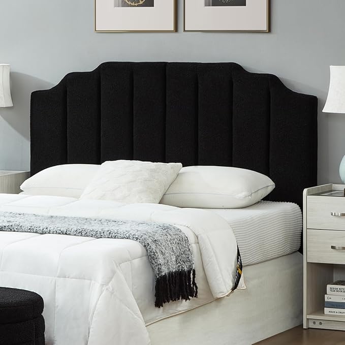 24KF Black Teddy Fabric Tufted for Queen Upholstered Headboard, Modern Vertical Channel Design Full Headboard with Stepped Silhouette Top Edge, 6026-Q-Teddy Black