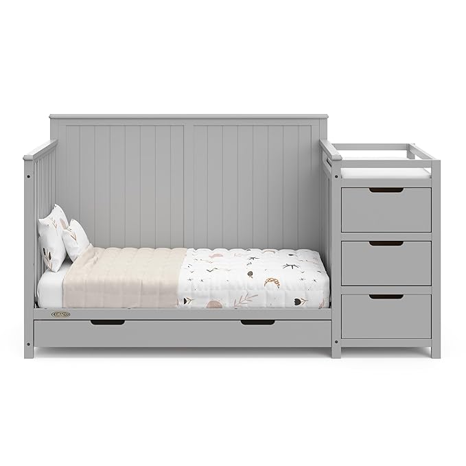Graco Hadley 5-in-1 Convertible Crib & Changer (Pebble Gray) – GREENGUARD Gold Certified, Fits Standard Crib Mattress, Converts to Toddler Bed and Full Bed, 4 Adjustable Mattress Heights