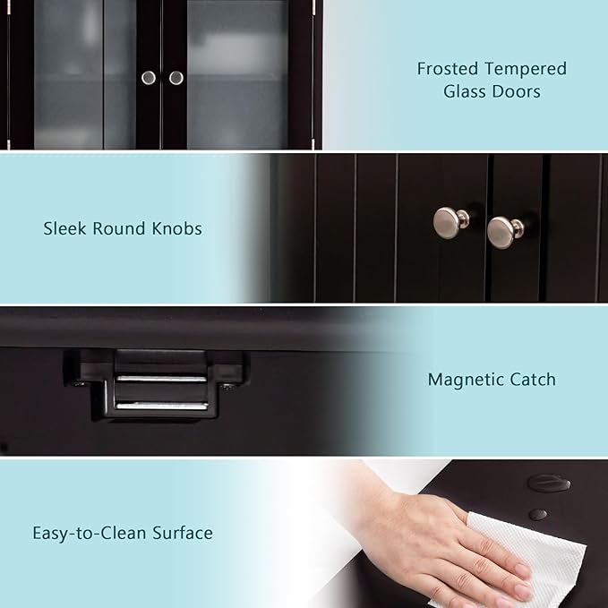 COSTWAY Bathroom Storage Cabinet, Wooden Linen Storage Organizer Cupboard with Doors & Adjustable Shelf, Freestanding Floor Cabinet for Living Room, Kitchen, Entryway, Office (Brown)