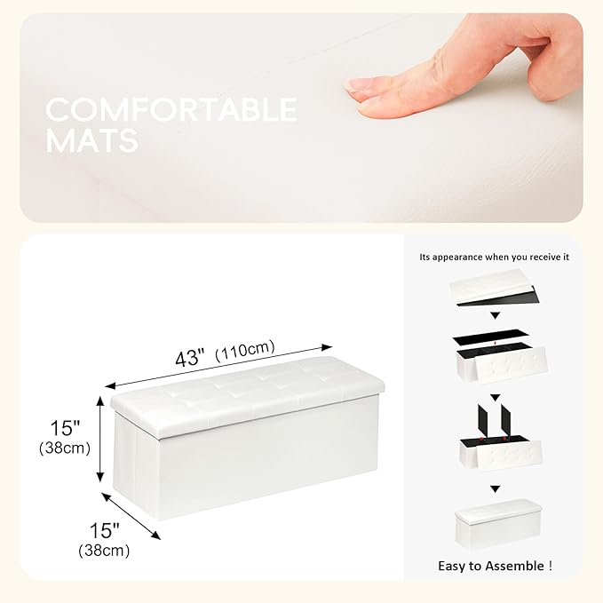 PINPLUS Folding Storage Ottoman Bench with Tray, 43.3inches Faux Leather Long Storage Chest Footrest Seat, Coffee Table, Foot of Bed Storage Bench for Living Room Bedroom, Beige