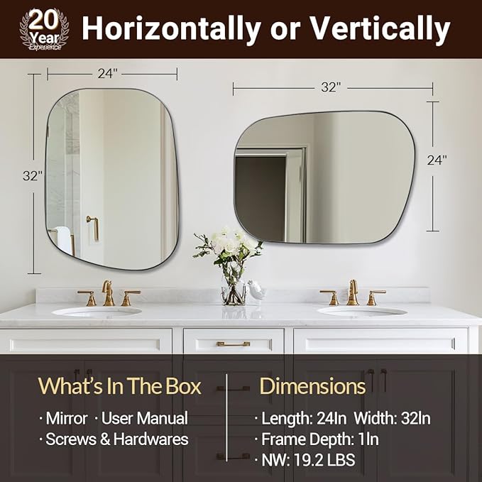 ANDY STAR 24"x32" Chrome Mirror, Silver Asymmetrical Wall Mirror for Bathroom, Unique Irregular Design with SUS304 Stainless Steel Metal Frame, Ideal for Bathroom, Bedroom, Entryway