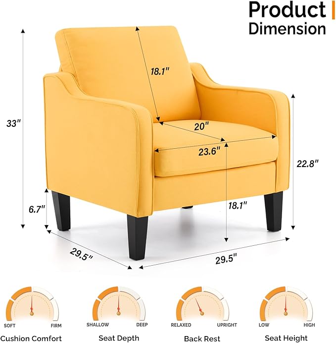 VINGLI Accent Chair for Living Room Chairs Yellow Reading Chair for Bedroom Scooped Arm Chair Mid Century Modern Accent Chairs Upholstered Comfy Chair for Apartment, Waiting Room