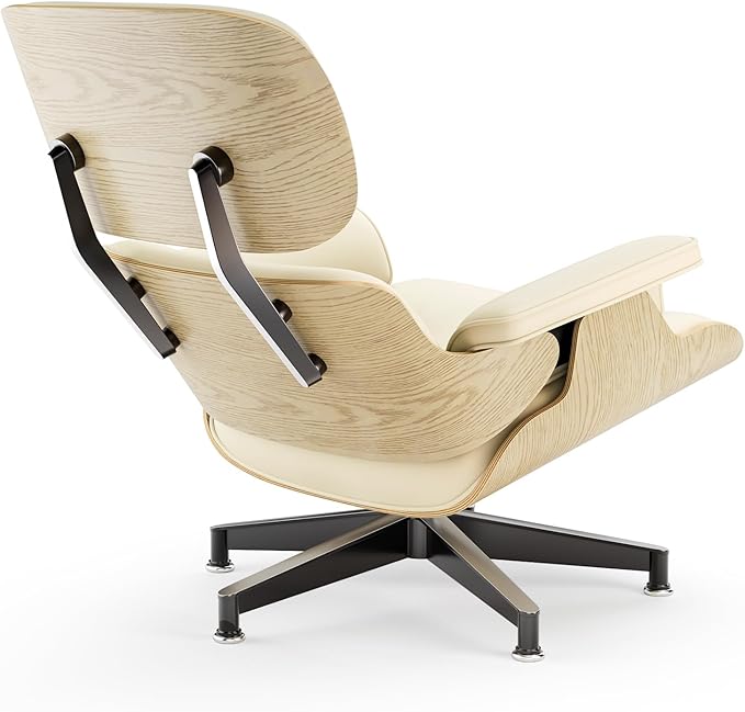 Top Cream White Grain Leather, Mid Century Chaise Lounge Chair and Ottoman, Modern Chair Classic Design, Ash Wood, Heavy Duty Base Support for Living Room Office