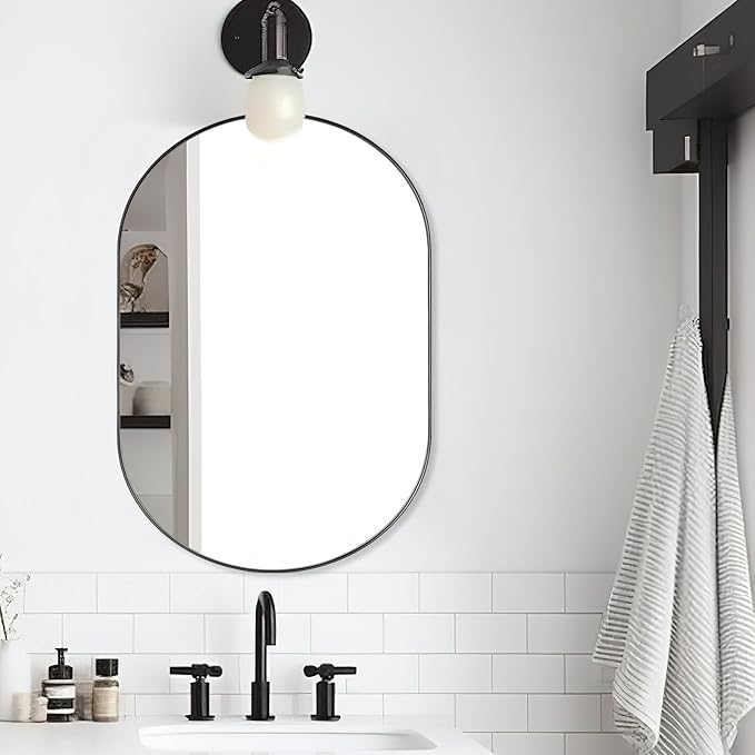 ANDY STAR Black Oval Mirror, 26x38'' Pill Shaped Mirror 1’’ Deep Metal Frame Wall Mounted Vertically&Horizontally Ideal for Limited Space