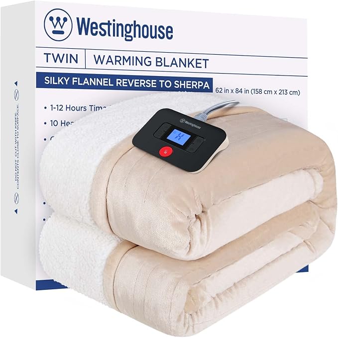 Westinghouse Electric Blanket Twin, Heated Blanket Twin Size with 10 Heating Levels and 1 to 12 Hours Heating Time Settings, Flannel to Sherpa Reversible, Machine Washable (62" x 84", Beige)