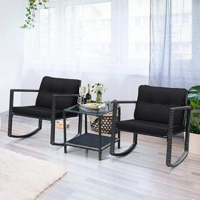 COSTWAY 3 Pieces Patio Rattan Rocking Chair Set, Outdoor Conversation Furniture Sets with Coffee Table, Storage Shelf and Cushions, Modern Bistro Set for Porch, Backyard, Garden, Black