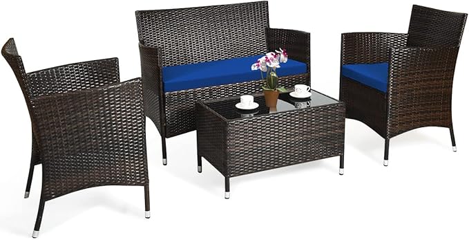 COSTWAY 4PCS Rattan Patio Furniture Set, Outdoor Wicker Rattan Chairs with Coffee Table, Rattan Cushioned Conversation Set for Backyard Balcony Porch Poolside, Navy
