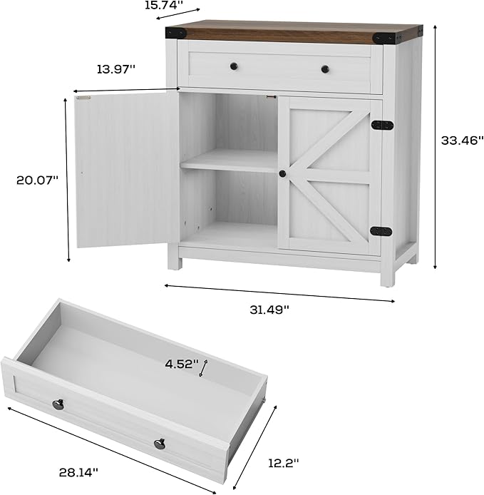 JUMMICO Coffee Bar Cabinet Farmhouse Kitchen Sideboard Buffet Cabinet with Drawer and Adjustable Shelf Barn Door Storage Cabinet for Kitchen, Dining Room, Bathroom, Entryway(White)