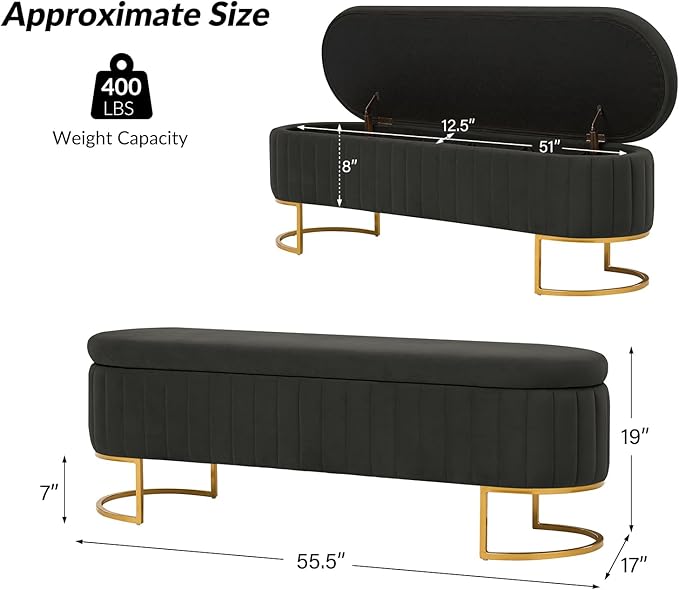 EcoHarbor Living 55.5" Storage Bench Ottoman End of Bed Bench Bedroom Bench, Upholstered Velvet Long Window Bench Large King Size with Gold Legs, Flipping Lid Entryway Footrest (Grey)
