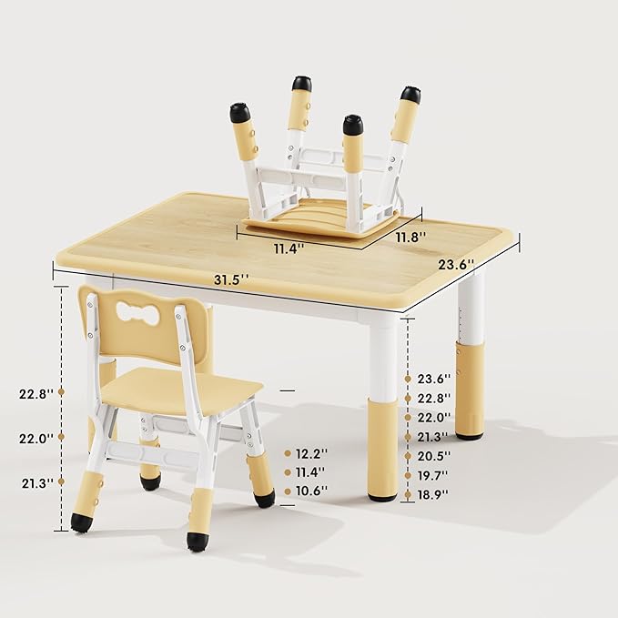 Brelley Kids Table and 2 Chairs Set, Height Adjustable Toddler Desk 31.5" L x 23.6" W and Chair Set, Graffiti Desktop, Classroom/Daycare/Home, Children Multi-Activity Table for Ages 2-8