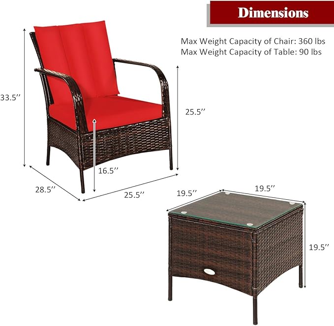 COSTWAY 3 Pieces Patio Rattan Furniture Set, Outdoor Conversation Chair Set with Coffee Table & 2 Cushions for Backyard, Porch, Poolside, Lawn, Garden, Red