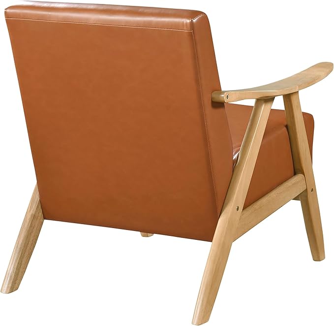 Lexicon Mid Century Modern Accent Chair with Solid Wood Frame in Natural Finish, Faux Leather Living Room Lounge Arm Chair, Thick and Comfy Innerspring Seat Cushion, Brown