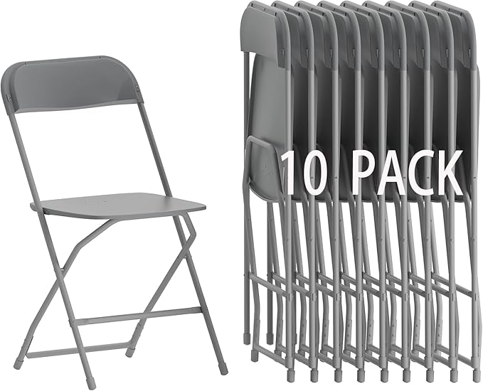 10 Pack Plastic Folding Chairs, Portable Party Chairs, Stackable Commercial Seats with Steel Frame for Home Office Wedding Party Indoor Outdoor Events Chairs, 350lbs Capacity,Gray