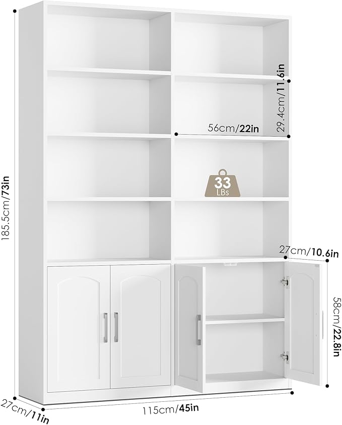FACBOTALL Bookshelf and Bookcase with Doors, 6 Tier Double Wide Large Bookshelves, Open Display Shelves, 73'' Tall Bookshelf with Storage Cabinets for Home Office, Living Room, Library, White