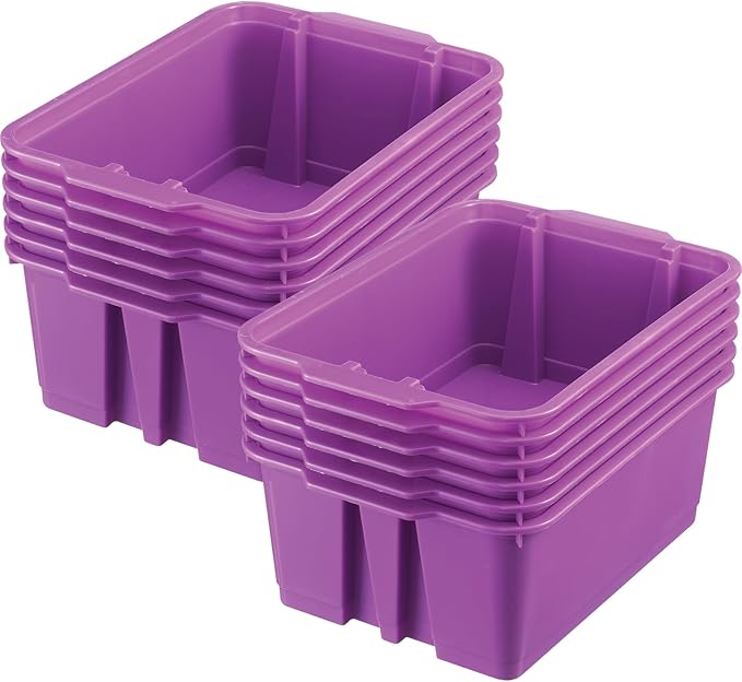 Really Good Stuff 160074PU Stackable Plastic Book and Organizer Bins for Classroom or Home Use – Sturdy, Colored Plastic Baskets (Set of 12),Purple