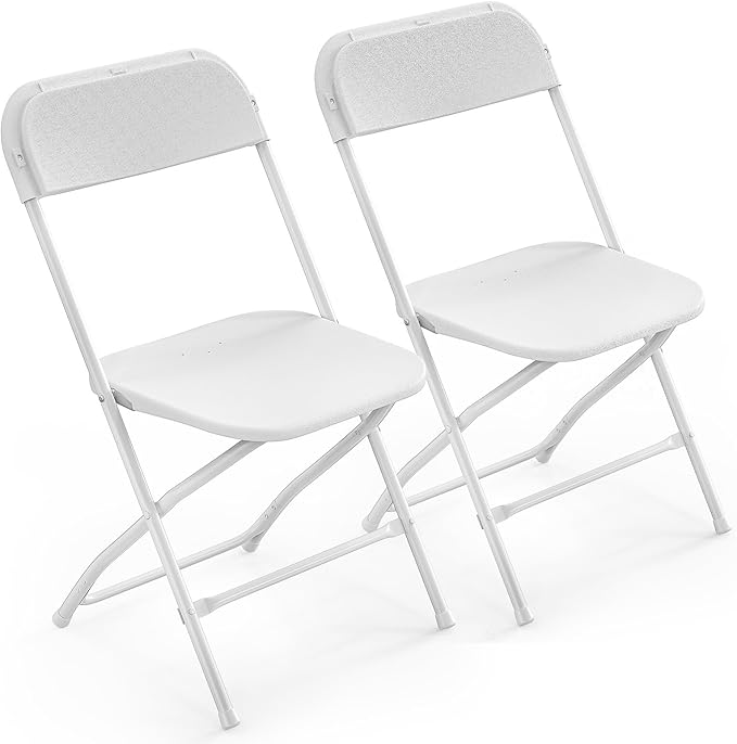 VINGLI 2 Pack White Plastic Folding Chair, Indoor Outdoor Portable Stackable Commercial Seat with Steel Frame 350lb. Capacity for Events Office Wedding Party Picnic Kitchen Dining