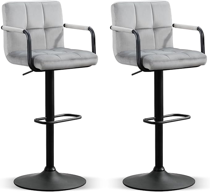 Furniliving Bar Stools Set of 2 with Armrest, Adjustable Square Velvet Barstools for Kitchen Counter, 360°Swivel Counter Barstools for Dining Room(Grey)