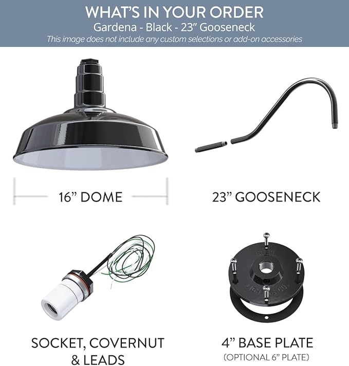 Steel Lighting Co. Gardena Barn Light | Outdoor Wall Mounted | 16" Dome | 23" Gooseneck | Farmhouse Light Made in America | Black Exterior/White Interior