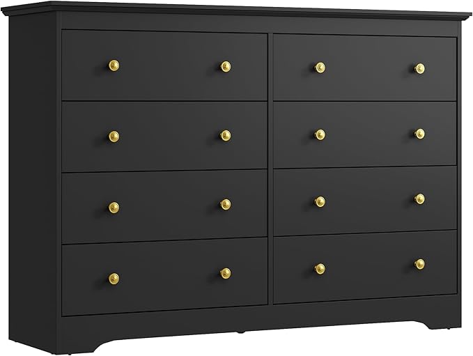 Black Dresser for Bedroom, 8 Drawer Dresser with Large Drawers, 55 Inch Wide Wood Chest for Living Room, Hallway