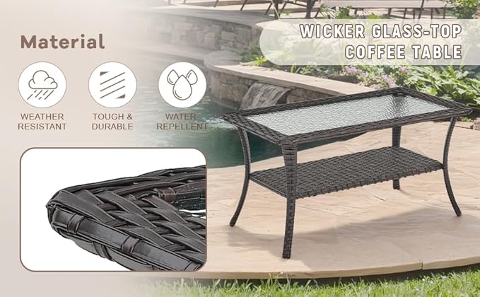 Swivel Patio Chairs sofa Set of 7 with 6" Thick Cushion - Wicker Outdoor Swivel Rocker Patio Chair ,Sofa/Glass coffee table, High Back Comfortable Outdoor Glider Chairs - Brown Wicker | Gery Cushions