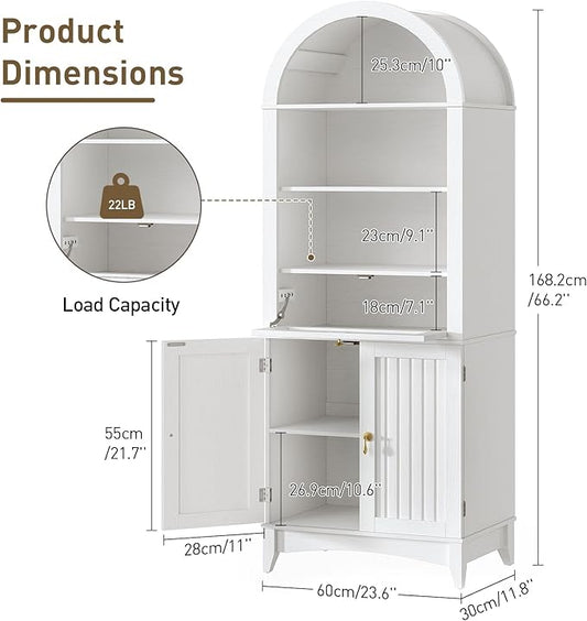 66" Tall Bathroom Storage Cabinet with Flip Drawer, Freestanding Storage Cabinet with Doors & Shelves,Arched Cabinets for Bathroom, Living Room, Kitchen, Laundry, White