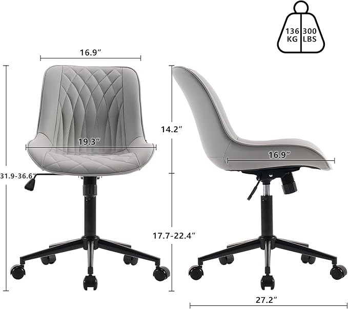 YOUNIKE Grey Ergonomic Home Office Desk Chair Armless Comfy Small Criss Cross Chair with Wheels Swivel Adjustable Modern Vanity Chair Wide Back Cute Leather Upholstered Rolling Task Chair No Arms