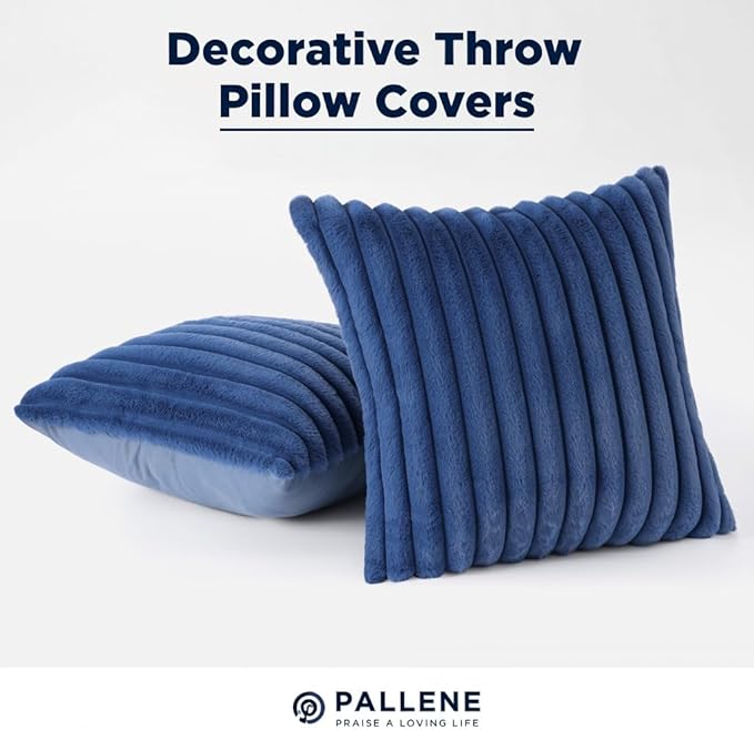 Pallene Faux Fur Plush Throw Pillow Covers 24x24 Set of 2, Luxury Soft Fluffy Striped Decorative Pillow Covers for Sofa, Couch, Living Room, Navy Blue