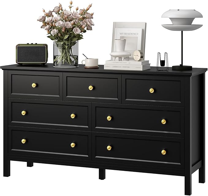 LYNSOM Black Dresser for Bedroom with 7 Drawers, Modern Wide Chest of Storage Drawer with Gold Handles, TV Stand Dresser, Wood Dressers for Bedroom, Living Room, Hallway, Entryway, 55’’