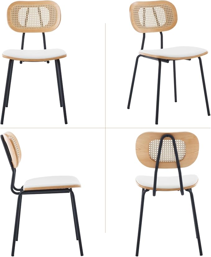 Mid-Century Modern Rattan Cane Back Dining Chairs Set of 4 β PU Leather Upholstered Seat, Black Metal Legs, Kitchen Side Chairs for Kitchen & Dining Room, White