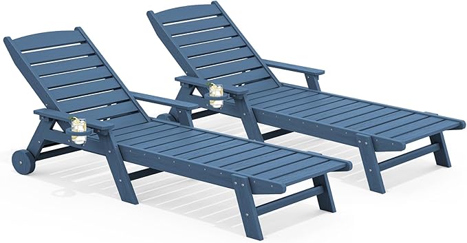 SERWALL Patio Chaise Lounge Chair Set of 2, 78'' Long 5-Positions Adjustable HDPE Outdoor Lounger for Pool, Poly Lounge Chair with Rolling Wheels & Cup Holder for Poolside, Deck, Blue