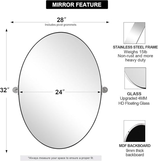 ANDY STAR Oval Bathroom Mirror, 24" x 32" Chrome Stainless Steel Metal Frame Vanity Mirror for Over Sink with Adjustable Tilting Design, Pivoting Mirror for Modern Wall Decor