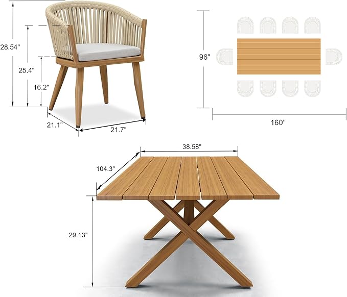 PURPLE LEAF 11 Pieces Outdoor Dining Set with Patio Aluminium Dining Table and Wicker Chairs Modern Furniture Cushions Sets for Backyard Indoor Decor Kitchen Teak