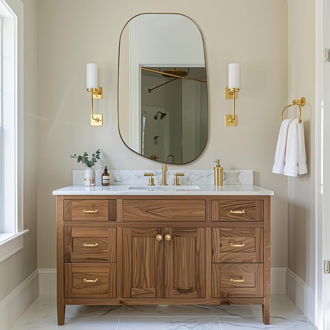 ANDY STAR 24"x40" Asymmetrical Wall Mirror,Brushed Gold Irregular Bathroom Mirror with Stainless Steel Metal Frame, Wall-Mounted Mirror for Bathroom, Entryway (Horizontal/Vertical)