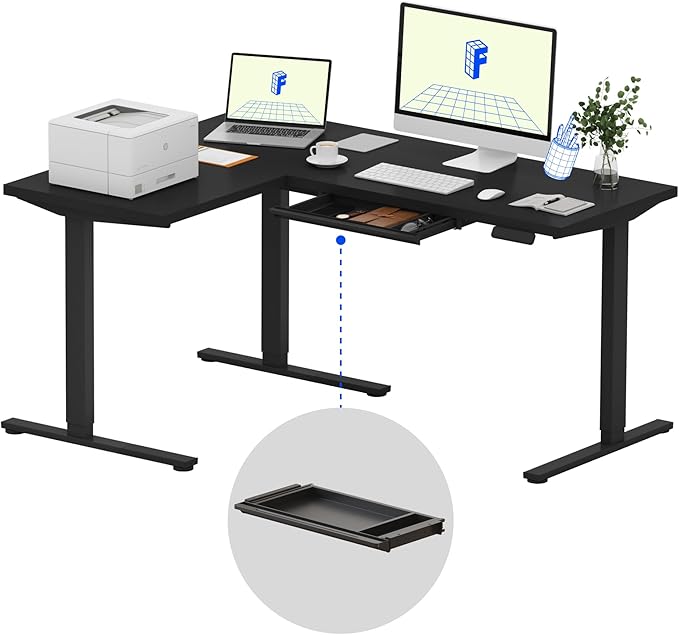FLEXISPOT L Shaped Standing Desk, 63 x 47 Inch Electric Height Adjustable Corner Desk, Sit Stand Computer Workstation, Preset Controller, Home Office, Black Frame with Black Top, Black Drawer
