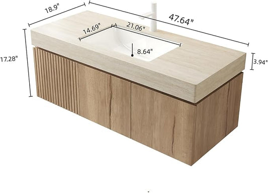 48 Inch Floating Bathroom Vanity with Sink, Wall-Mounted Bathroom Vanity with Drawer and 2 Doors, Roma Travertine-Pattern Countertop and Ceramic Basin, Pre-Assembled, White Oak
