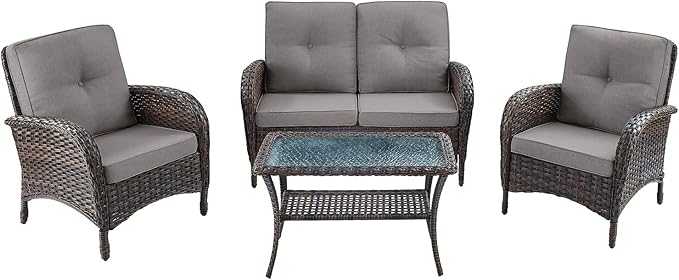 HUMMUH 4-Piece Patio Furniture Wicker Outdoor Conversation Set,All-Weather Rattan Outdoor Sofa Set Patio Chairs Coffee Table for Backyard,Porch,Deck