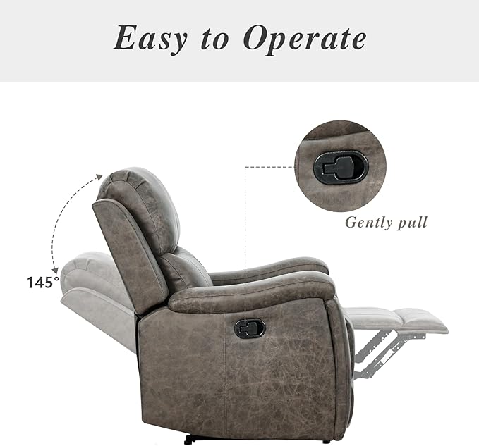 EBELLO Grey Recliner Chair, Single Overstuffed Sofa Recliners, Breathable Faux Leather Manual Reclining Chairs with Hidden Cup Holder, Arm and Back for Adults, Living Room, Bedroom, Grey