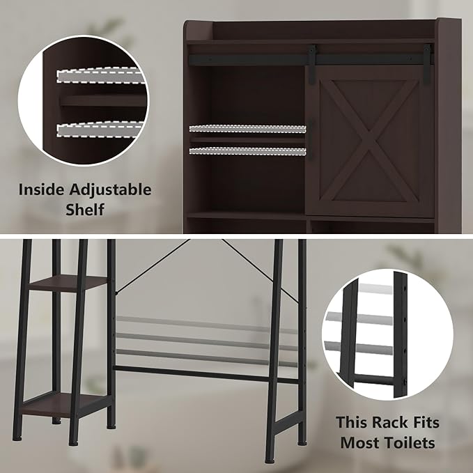 Over The Toilet Storage Cabinet, Farmhouse Storage Cabinet Over Toilet with Sliding Door & Toilet Paper Holder Stand,Home Space-Saving Toilet Rack, for Bathroom, Restroom, Laundry.Espresso