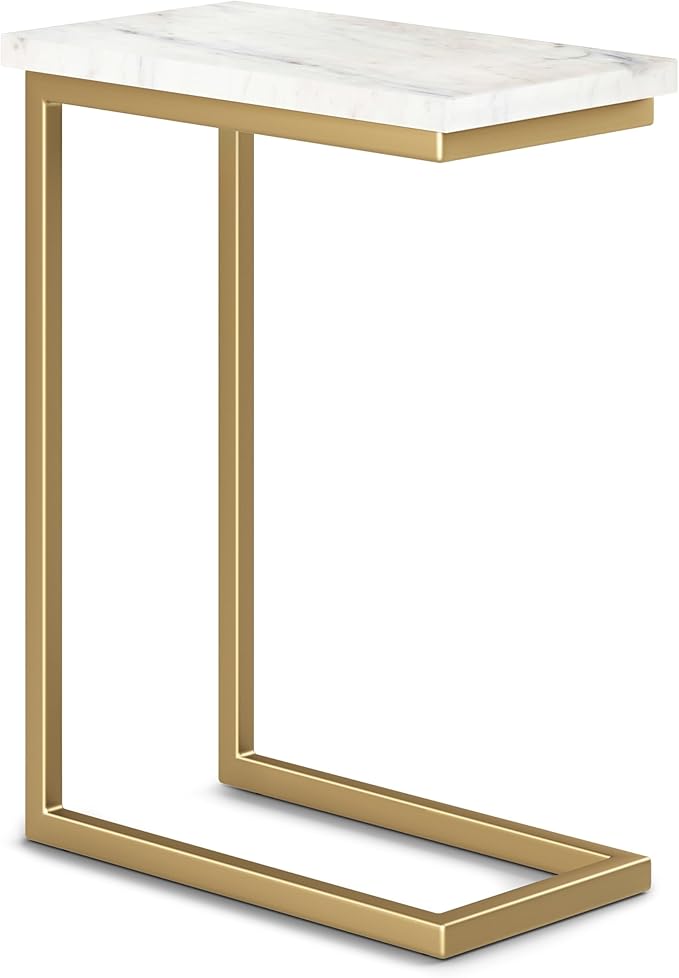 SIMPLIHOME Skyler 18-inch Wide Metal Table in White/Gold, C-Shaped Industrial-Style Side Table with Genuine Marble Top for Living Room, Bedroom, or Home Office