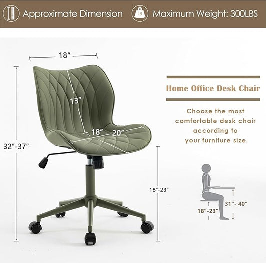 YOUNUOKE Armless Desk Chair Comfy Office Chair with Wheels Home Ergonomic Task Chair Adjustable Computer Chairs Modern Faux Leather Swivel Chair Upholstered Makeup Vanity Chair with Back(Olive Green)
