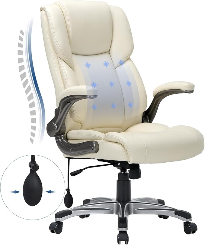 COLAMY Leather Executive Office Chair- High Back Home Computer Desk Chair with Padded Flip-up Arms, Adjustable Tilt Lock, Swivel Rolling Ergonomic Chair for Adult Working Study-Lvory, Set of 2