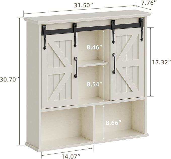 Vabches Bathroom Wall Cabinet, Farmhouse Medicine Cabinet with Double Sliding Barn Door and Adjustable Shelves, Wooden Vintage Storage Cabinet Wall Mounted for Bathroom, Kitchen Dining, White