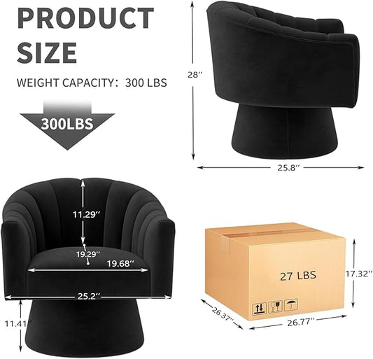 Swivel Accent Chair,Upholstered Velvet 360° Swivel Barrel Chair for Living Room Overstuffed Bouncle Reading Chair Round Armchair for Bedroom,Vanity,Office(Black)